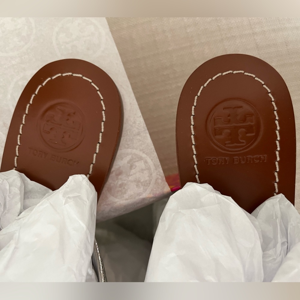 Tory Burch Metallic Silver and Tan Sandals - Picture 3 of 7